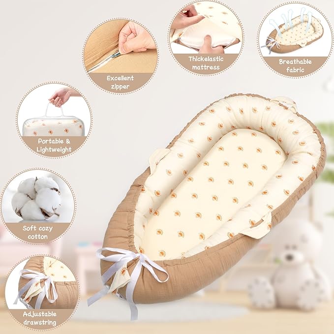 Baby Lounger - Infant Lounger for Newborn 0-24 Months, Ultra Soft Breathable Infant Floor Seat, Portable Babies Lounger for Baby Girls& Boys, Newborn Gifts（Khaki）