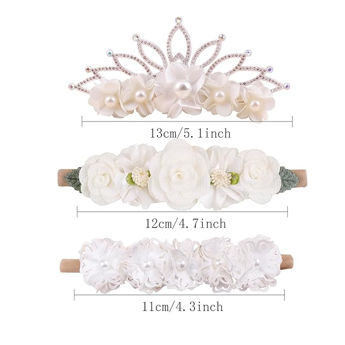 Baby Girl Flower Headbands and Bows, Stretchy Soft Nylon Floral Crown, 3pcs Handmade Hair Accessories for Newborn Infant Toddler