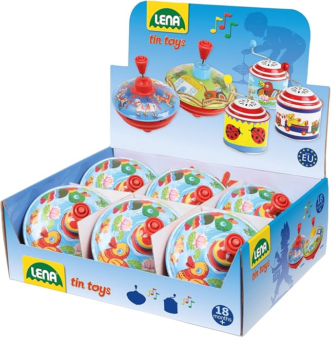 Lena 52410 tin Toys Humming Ducks Ø 14 cm, Spinning, Classical Pump Action, Metal top with Animal Motif, for Children from 18 Months