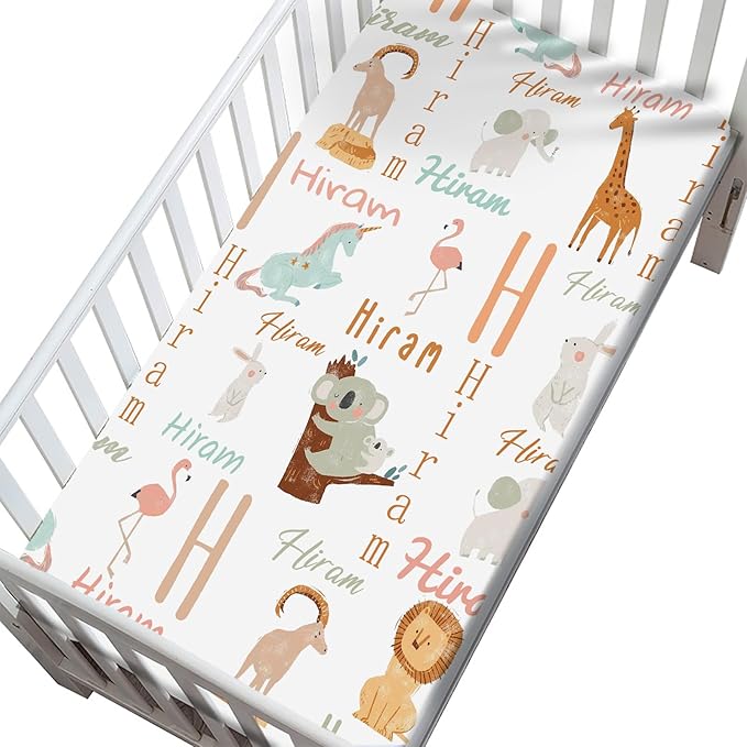 Personalized Name Pack N Play Sheets for Pack and Plays, Playard, Playpen, Mini Cribs - Customized Cute Animal Pack & Play Sheet with Name - Mini Cribs Mattress Fitted Sheet for Baby Girls Boys
