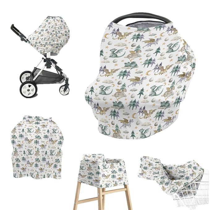 Baby Boy 5-in-1 Car Seat Cover Watercolor Dragon Tale, Multi-use Privacy Nursing Breastfeeding Cover, Carseat Canopy Carrier Newborn Infant Gift