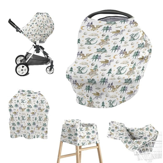 Baby Boy 5-in-1 Car Seat Cover Watercolor Dragon Tale, Multi-use Privacy Nursing Breastfeeding Cover, Carseat Canopy Carrier Newborn Infant Gift