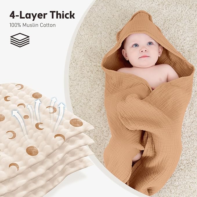 Susurration 2 Pack Thick Muslin Baby Towels, 100% Cotton Soft and Absorbent Baby Bath Hooded Towel for Newborn, Infant, Girls, Boys, Baby Essentials