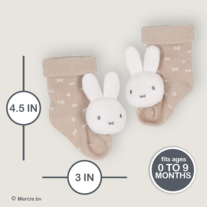 Kids Preferred Miffy Baby Foot Rattle Set - Super Soft Rattles, Neutral Colors, Soft Sensory Elastic Socks, Embroidered Details, Ages 0 to 9 Months