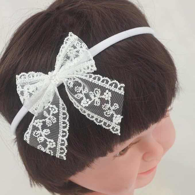 Nihao Baby Off White Lace Bow Small Baptism Headband for Baby Girls -2 PCS