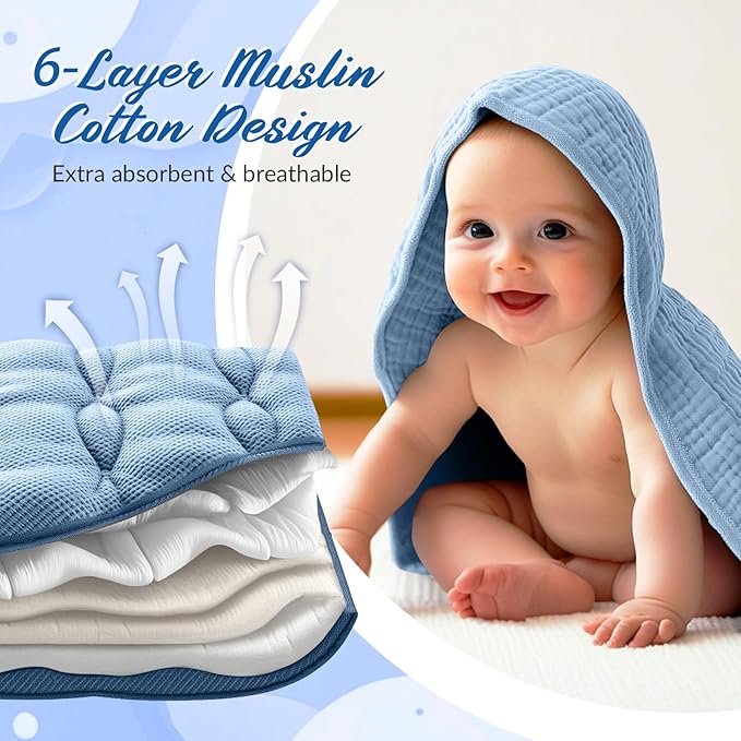 Hahafelt 6 Pcs Muslin Hooded Bath Towels Washcloths and Bibs Set, Muslin Cotton Baby Towels Absorbent Hooded Blanket Towel Infant Bibs for Boys Girls Newborn Infant Essential(Blue, Navy Blue)