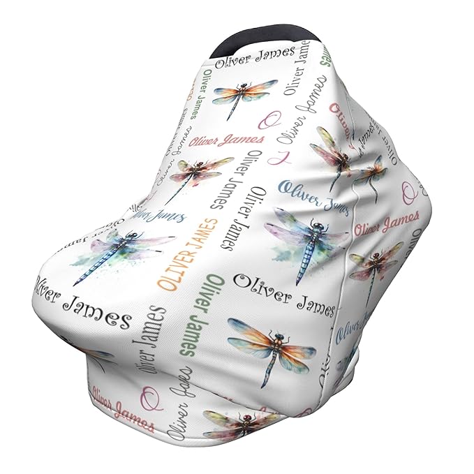 Personalized Car Seat Covers with Name, Dragonfly Baby Canopy Carrier Cover, Breathable Breastfeeding Nursing Cover, Stretchy Multi-Use Infant Carseat Stroller Cover