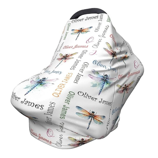 Personalized Car Seat Covers with Name, Dragonfly Baby Canopy Carrier Cover, Breathable Breastfeeding Nursing Cover, Stretchy Multi-Use Infant Carseat Stroller Cover