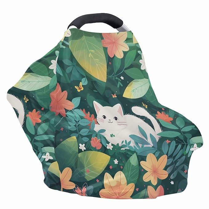 Forchrinse Hawaiian Cat Green Palm Car Seat Cover for Babies,Soft Nursing Breastfeeding Scarf Breathable Carseat Canopy for Baby Boys Girls