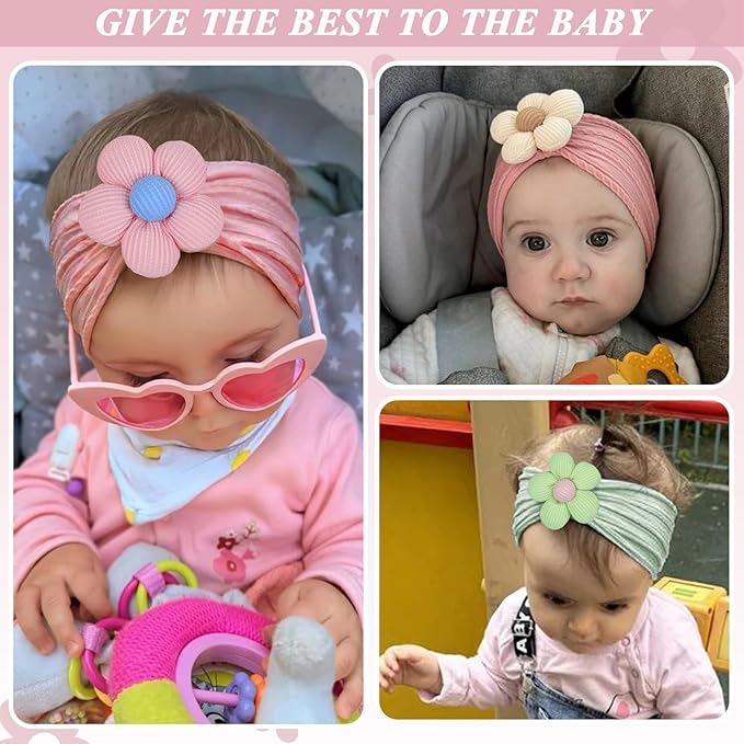 MIUXUESO 3 Pcs Baby Flower Headbands Baby Girls Nylon Headbands Soft Hairbands Hair Accessories for Newborn Infant Toddler Kids (Rose Pink‌ Green)