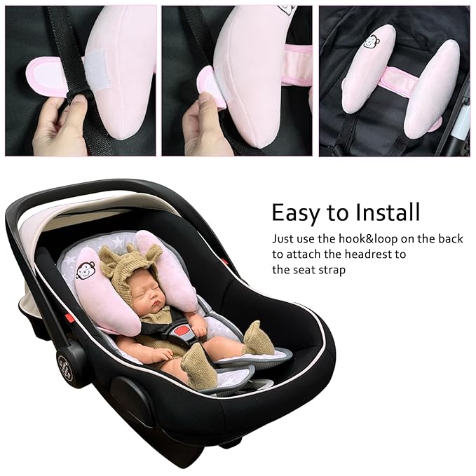 Baby Head Neck Support Pillow,Adjustable Baby Car Seat Head Neck Support,Portable Travel Pillow Cushion for Car Seat,Stroller Headrest Pillow,U-Shape Neck Support Pillow for Infants,Light Pink