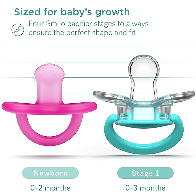 Smilo Baby Pacifier - 2 Pack of Slimline Pacifiers for Babies with Sterilization Box - Stage 1 for Babies 0-3 Months - 100% Silicone Newborn Pacifiers BPA Free - Glow in The Dark