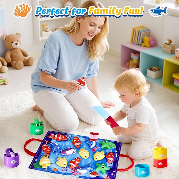 LovesTown Montessori Toys for Toddlers, Baby Sensory Toy Color Sorting Game Travel Essentials Preschool Learning Activities Cloth Fishing Games with Stacking Cups Boys Girls Gifts
