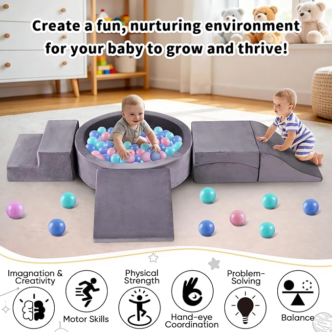 Toddler Climbing Toys Indoor for 1-3, Baby Foam Climbing Blocks with Ball Pit, Climbing Toys for Toddlers 1 Year Old, Baby Soft Play Set Modular Crawling Sliding Play Activity (Balls Not Included)