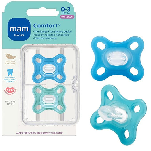 MAM Comfort Baby Pacifier 0-3 Months Specially for Smaller Newborn Mouths,Lightweight One-Piece BPA-Free Silicone, Easy to Clean, Best for Breastfed Babies, 2 Pk, Sterilizer Case, Made in Europe