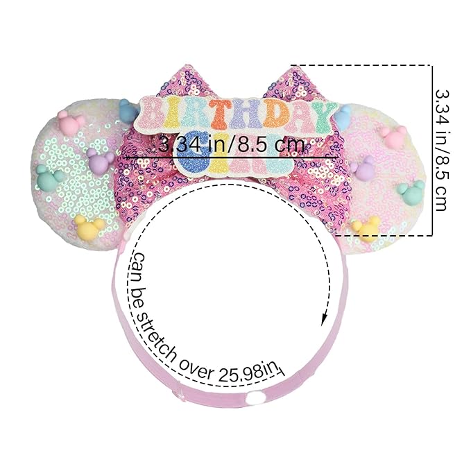 Adjustable Birthday Girl Mouse Ears Headband, Beaded Elastic Hair Bow Hairband for Girls Toddler, Kids Party Festival Supplies