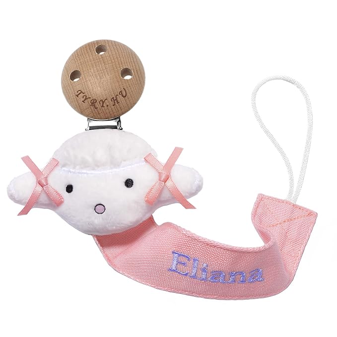 TYRY.HU Personalized Pacifier Clip with Name for Girls, Customize Pacifier Leash, Embroidery Soft Ribbon Pacifier Holder Clips, Universally Fit All Pacifiers & Toys, White Sheep