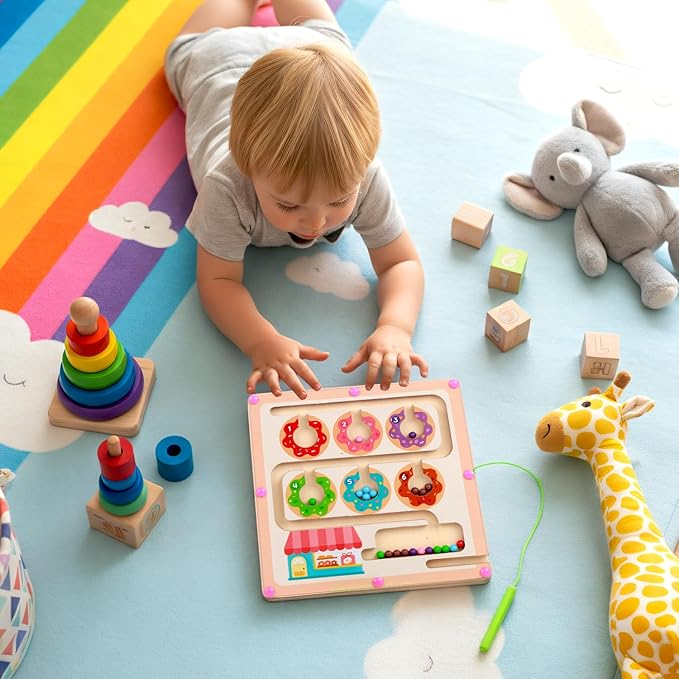 QimuMku Montessori Busy Board for Toddlers 2-4 Magnetic Color and Number Maze Wooden Donut Matching Game 1–6 Counting Learning Toys for Boys Girls Road Trip Essentials