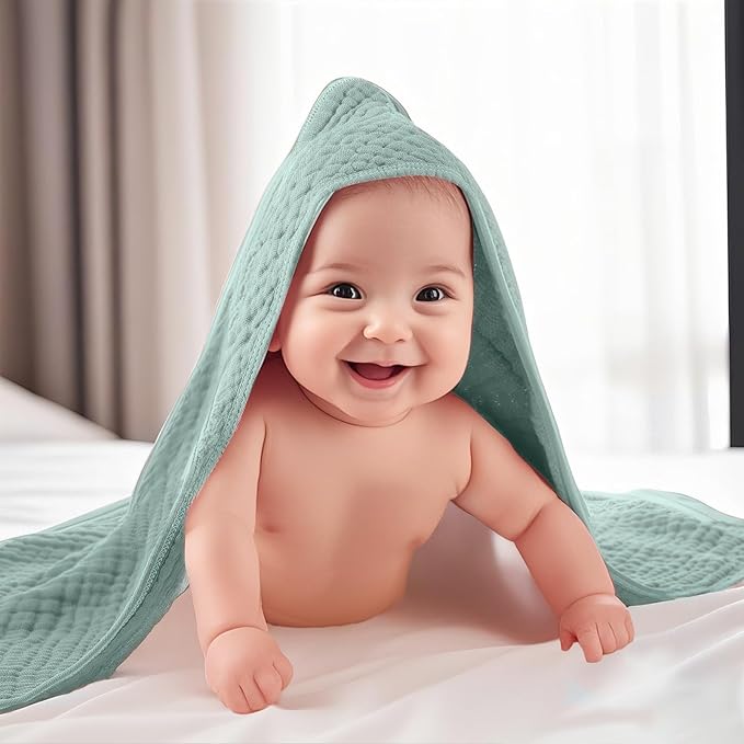 VitalCozy 12 Pcs Baby Muslin Hooded Bath Towels and Washcloths Muslin Cotton Hooded Baby Towels Absorbent Blankets for Gift Newborn Infant Shower (32 x 32 Inch,Cool Colors)