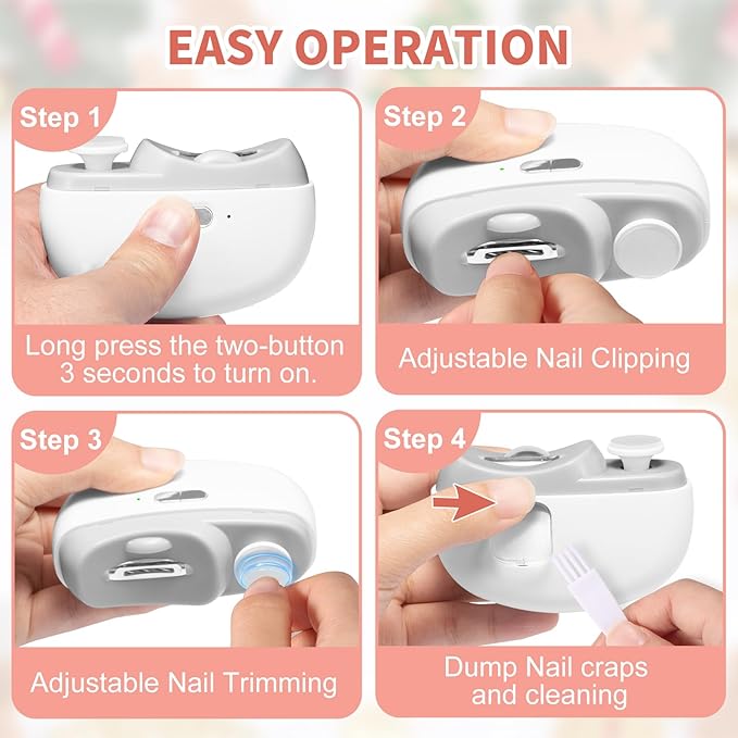 Electric Nail Clipper & Baby Nail Trimmer Polisher 3 in 1 (Not for Toenail) with Nail Scraps Storage, LED Light, 2 Speeds, Rechargeable Fingernail Clipper for Baby, Adults, Seniors, White