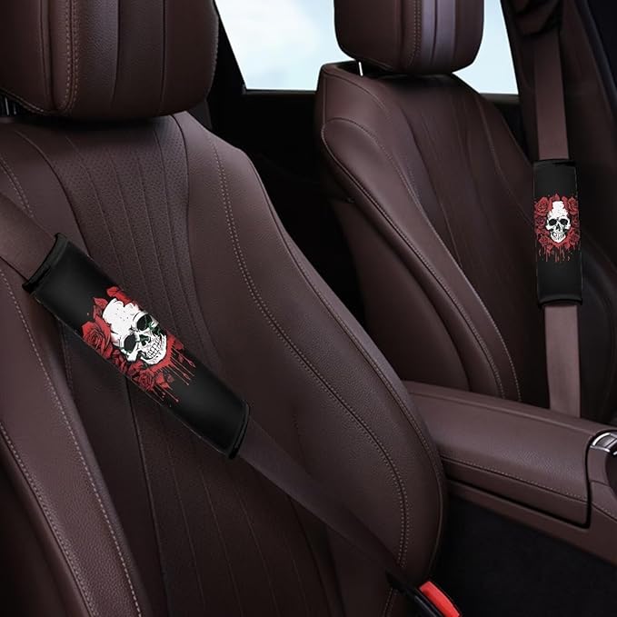 Biyejit Rose Skull Car Seat Belt Shoulder Pads Covers for Women, Automotive Interior Decorative Accessories 2 Packs Set Universal
