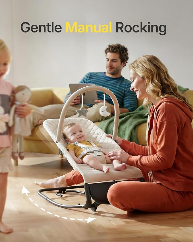 Electric Baby Bouncer Seat with Auto Rocking, 3-in-1 Infant Bouncer & Rocker Chair, Adjustable Height, Battery or Plug-in Powered, Music & Play Bar, Portable Baby Bouncer for Babies 0-12 Months