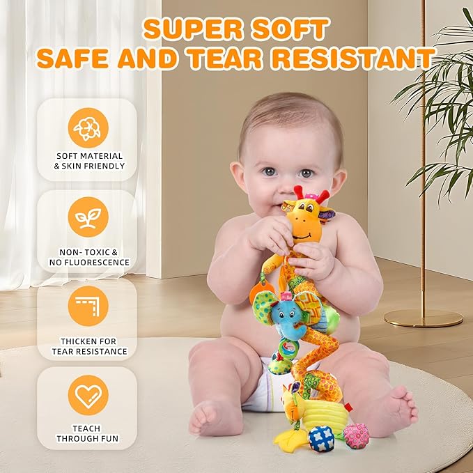 Jollybaby Crib Stroller Car Seat Toys for Baby 0-3-6-9-12 Months, Tummy Time Hanging Sensory Toys for Newborn with Music Box and Teether, Spiral Carseat Toy for Infant Boys Girls Gifts (Giraffe)