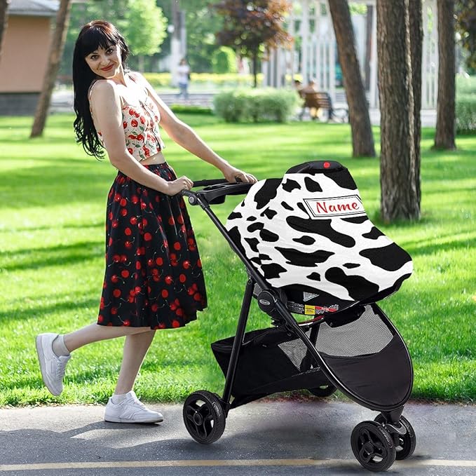 Seamless Pattern Cow Skin Custom Baby Car Seat Cover Personalized Your Name Nursing Covers Breastfeeding Scarf Infant Carseat Canopy for Mom Baby Gift