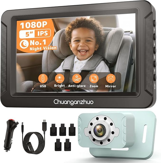 S100C Baby Camera for Car USB Powered, Crystal Clear Auto IR Night Vision in Total Dark, Adjust Brightness & 1080P 5" IPS Monitor, 3X Zoom & 360° Rotating Backseat/Carseat Camera for Baby in Car