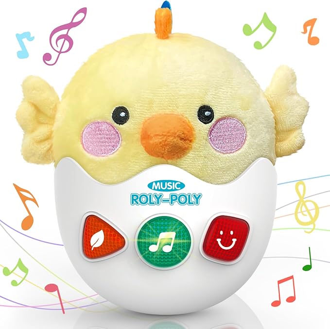 Baby Toys 0-6-12 Months, Chick Musical Plush Cute Stuffed Animal Infant Tummy Toys with Light & Sounds, Roly-Poly Sensory Toy Birthday Valentines Easter Egg Gift for Newborn Boys & Girls