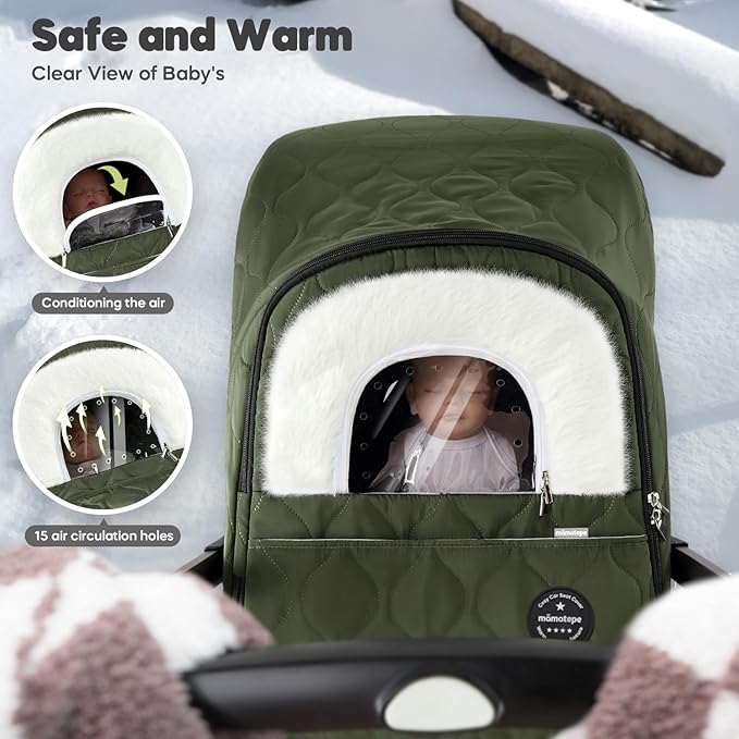 Winter Baby Car Seat Cover, Waterproof, Windproof Warm Winter Car Seat Cover for Doona Car Seats and Strollers,Fleece Breathable Car Seat Cover Baby with Full Zipper, Green
