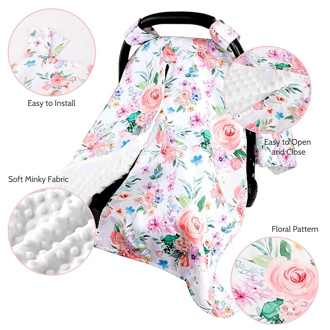 Baby Car Seat Cover, Peekaboo Opening Spring Car Seat Canopy for Baby Girls Boys, Mom Nursing Breastfeeding Covers, Blanket for Infant, Pink Watercolor Flower