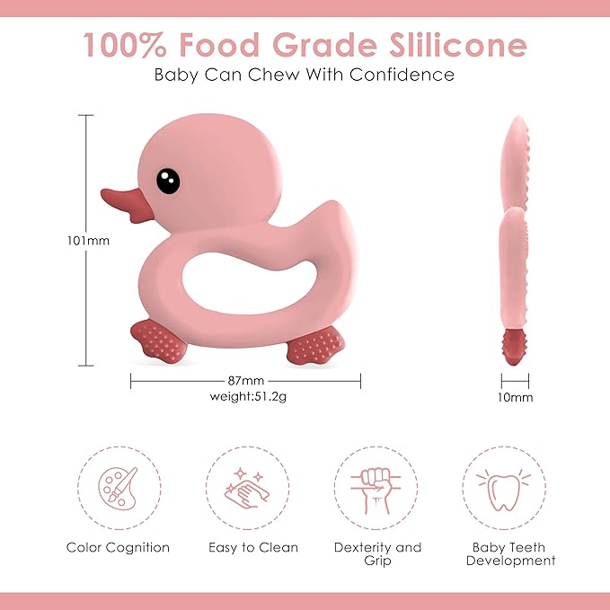 [BabyBite] Baby Teething Toys Cute Duck Teether for Sensory and Developmental Play for Baby and Toddler 100% BPA Free Food Grade Silicone (Pink)