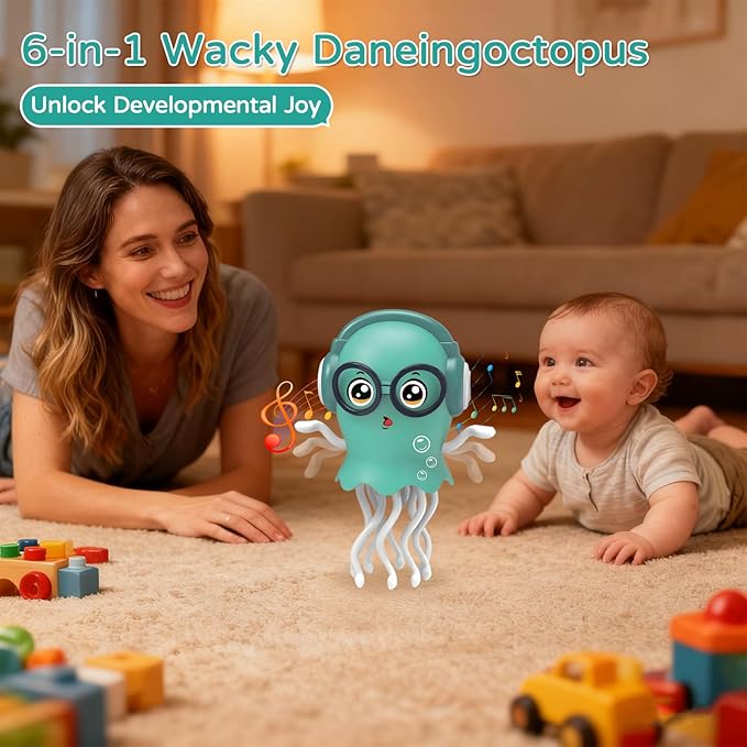 Magic Electric Dancing Jellyfish Toy with Led Light and Music,Playful Automatic Steer Crawling Dancing Baby Toy with Smart Tentacle Explorer,Octopus Toy,Tummy Time Toys(Green)