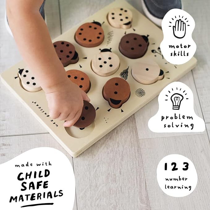 Wee Gallery Wooden Puzzles for Toddlers 1-3 – Count to Ten Ladybugs Toddler Puzzle, Puzzles for 1 Year Old & Up, Wooden Toddler Puzzle for Fine Motor Skills & Early Number Learning