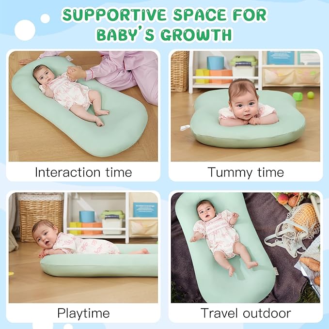 Lucakuins Baby Support Cushion, 0-24 Months Newborn Infant Support Cushion with Cover, Portable Tummy Time Mat for Home and Travel, Soft Cotton, Supervised Use, Baby Essentials Gift (Lovely Green)