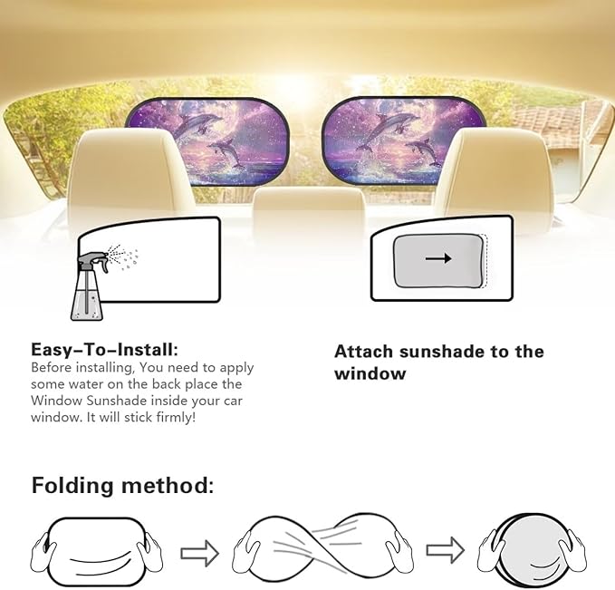 Bulopur Purple Dolphin 2 Pack Back Window Sun Shades for Car Glare Shield Protection Side Window Screens Easy to Install UV Protection Breathable Universal Car Sun Shades