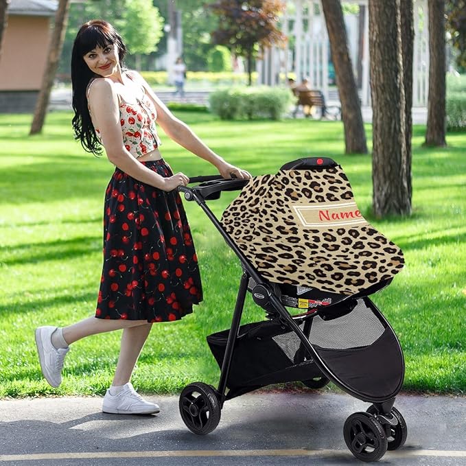 Custom Cheetah Leopard Baby Car Seat Cover Personalized Your Name Nursing Covers Breastfeeding Scarf Infant Carseat Canopy for Mom Baby Gift