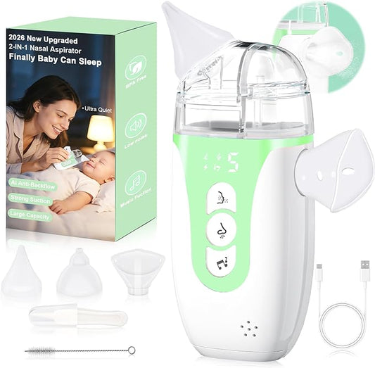 Nasal Aspirator for Baby,2-in-1 Smart Electric Nose Sucker, 2026 Upgraded with AI Anti-Backflow Protection,70Kpa Hospital-Grade Suction,15ml Large Capacity,5 Levels,Ultra-Quiet with Music-Green