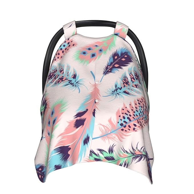 Boho Pink Feathers Baby Car Seat Covers Canopy, Peekaboo Opening Carseat Cover Soft Nursing Stroller Cover Canopy for Shower Gift Newborn