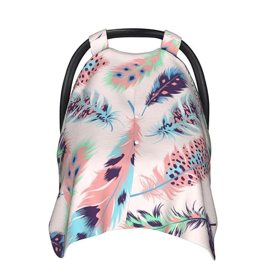 Boho Pink Feathers Baby Car Seat Covers Canopy, Peekaboo Opening Carseat Cover Soft Nursing Stroller Cover Canopy for Shower Gift Newborn