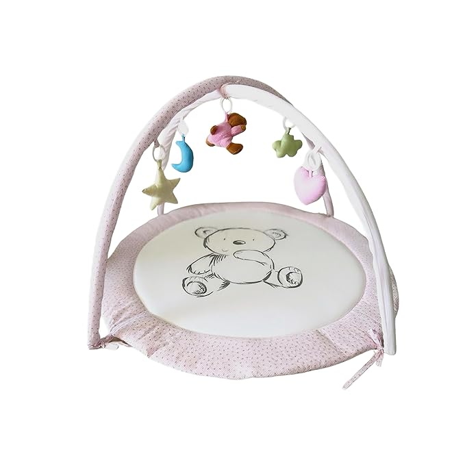 Baby Play Gym Mat & Activity Mat - 100% Cotton Soft Playmat with 6 Detachable Toys for Tummy Time, Machine Washable, Sensory Development Gift (Pink Bear)