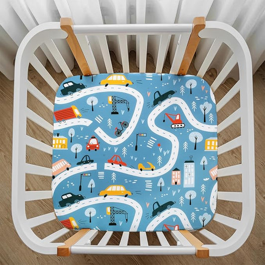 Cloele Square Playard/Playpen Fitted Sheets Perfect for 36 X 36 Portable Playard Mattresses - Square Pack and Play Crib Sheets - Ultra Soft Polyester Blue Car Fitted Playpen Sheet for Baby
