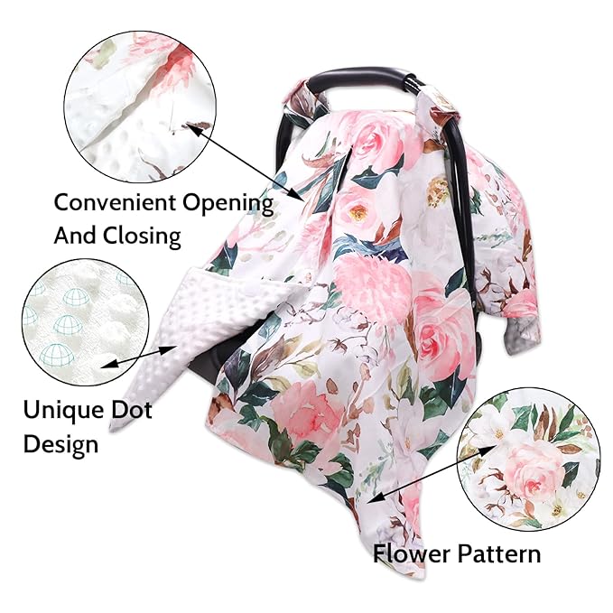 DILIMI Car Seat Covers for Babies, Peekaboo Opening Infant Car Seat Canopy for Baby Boys Girls, 2 in 1 Mom Nursing Breastfeeding Covers, Minky Warm Carseat Canopy for Newborn, Pink Flower