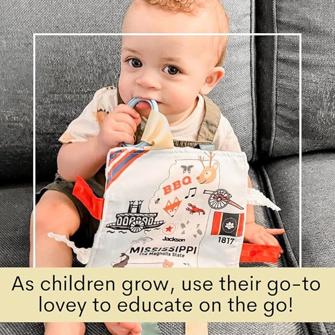 Baby Jack & Co 8x8” Learning Lovey Mississippi State Tag Stroller Toy for Babies - Crinkle Toys for Developing Five Senses - Learn About Capitals - Travel with Baby Jack - BPA Free Clip