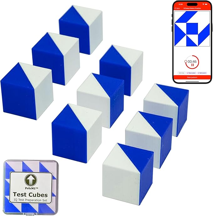 PrfcNL IQ Test Cubes (Blue and White) – 9 Kohs Cubes, Practice for Block Design Test, BDT, WPPSI, WAIS and WISC Tests, Educational Blocks to Improve Concentration, Coordination and Memory