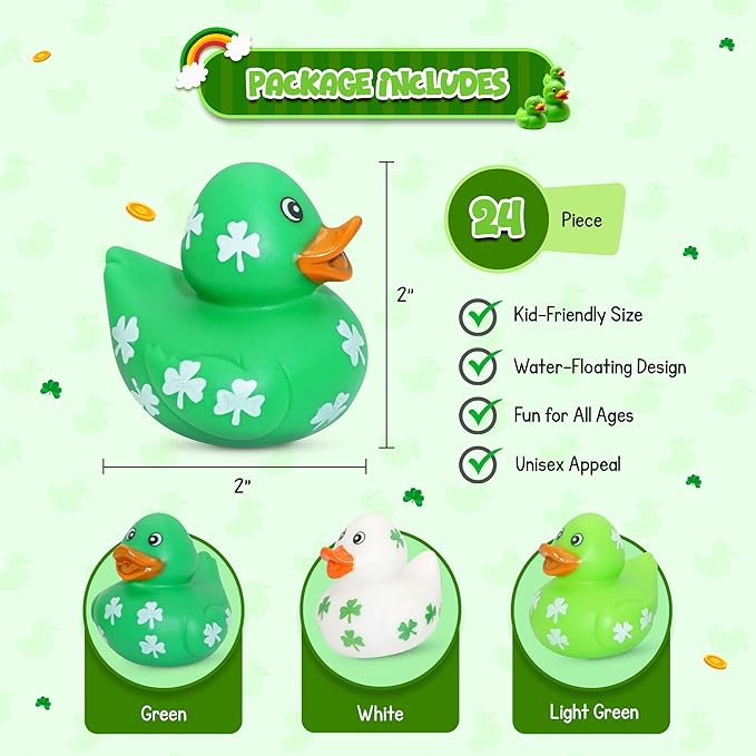 24 Pack St Patricks Day Rubber Ducks - 2 inch Shamrock Rubber Duckies Bulk - Saint Pattys Day Irish Gifts for Adults Kids Party Favors Accessories, Jeep Ducking