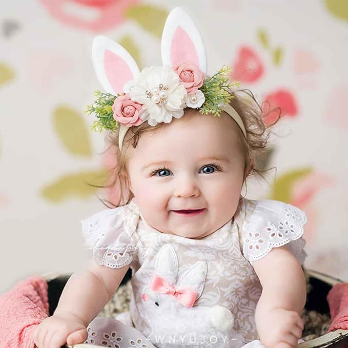 Baby Girls Flower Headband Easter Bunny Ears Nylon Hairband Cute Floral Rabbit Fairy Hair Accessories for Newborn Infant Toddler Kid