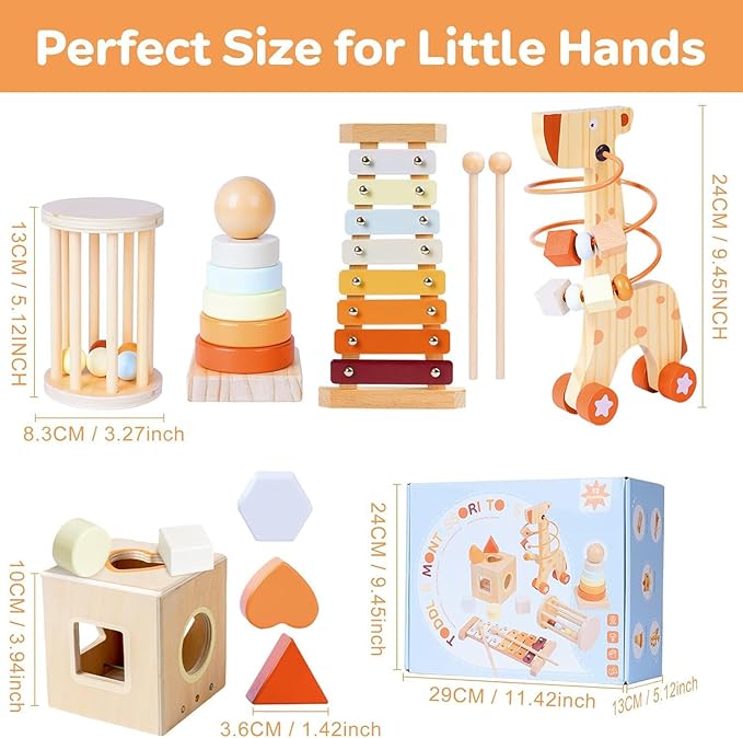 Wooden Montessori Toys for 6-12 Months,Montessori Baby Blocks Toy for 6-12-18 Months,Shape Sorting,Xylophone,Development Toys for Girls Boys Birthday Chiristmas Gifts