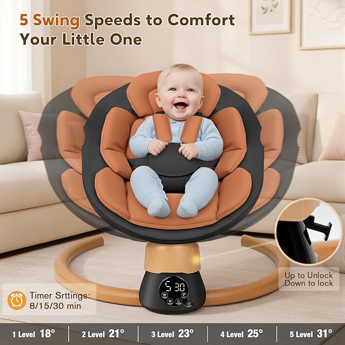 Baby Swings for Infants | Electric Portable Baby Swing with Bluetooth, 5 Swing Speed, 3 Timer Settings, 10 Lullabies, 5-Point Harness & Remote Control | Newborn Swing for Indoor & Outdoor (Black)